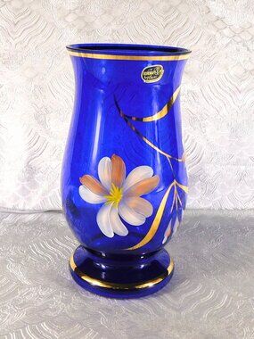 Blue Glass Bohemia Hand Painted Vase # 27739